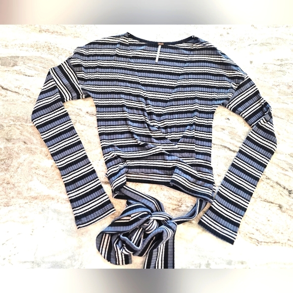 FP Movement by Free People Tops - Free People Ribbed Wrap Tie Top Black Gray Stripe Long Sleeve Size M